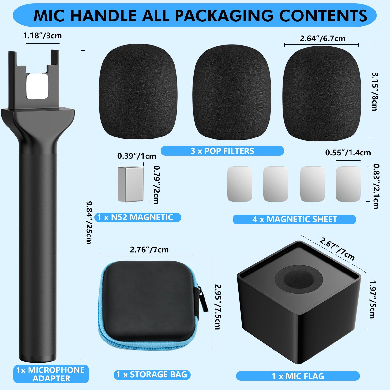 Mic Handle for DJI/DJI Mini, Microphone Holder for Rode Wireless GO/Hollyland Lark/Lavalier Mic, Universal Magnetic Mic Stand, Mic Holder with 3 Pop Filter for Vlogging, Interview, Podcast, Reports