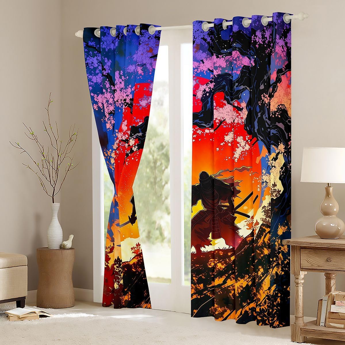 Feelyou Samurai Curtains for Bedroom Living Room Cherry Blossoms Blackout Darkening Drapes Japanese Aesthetic Window Treatments, 2 Panels 38 x 54 Inch Room Decor image 3