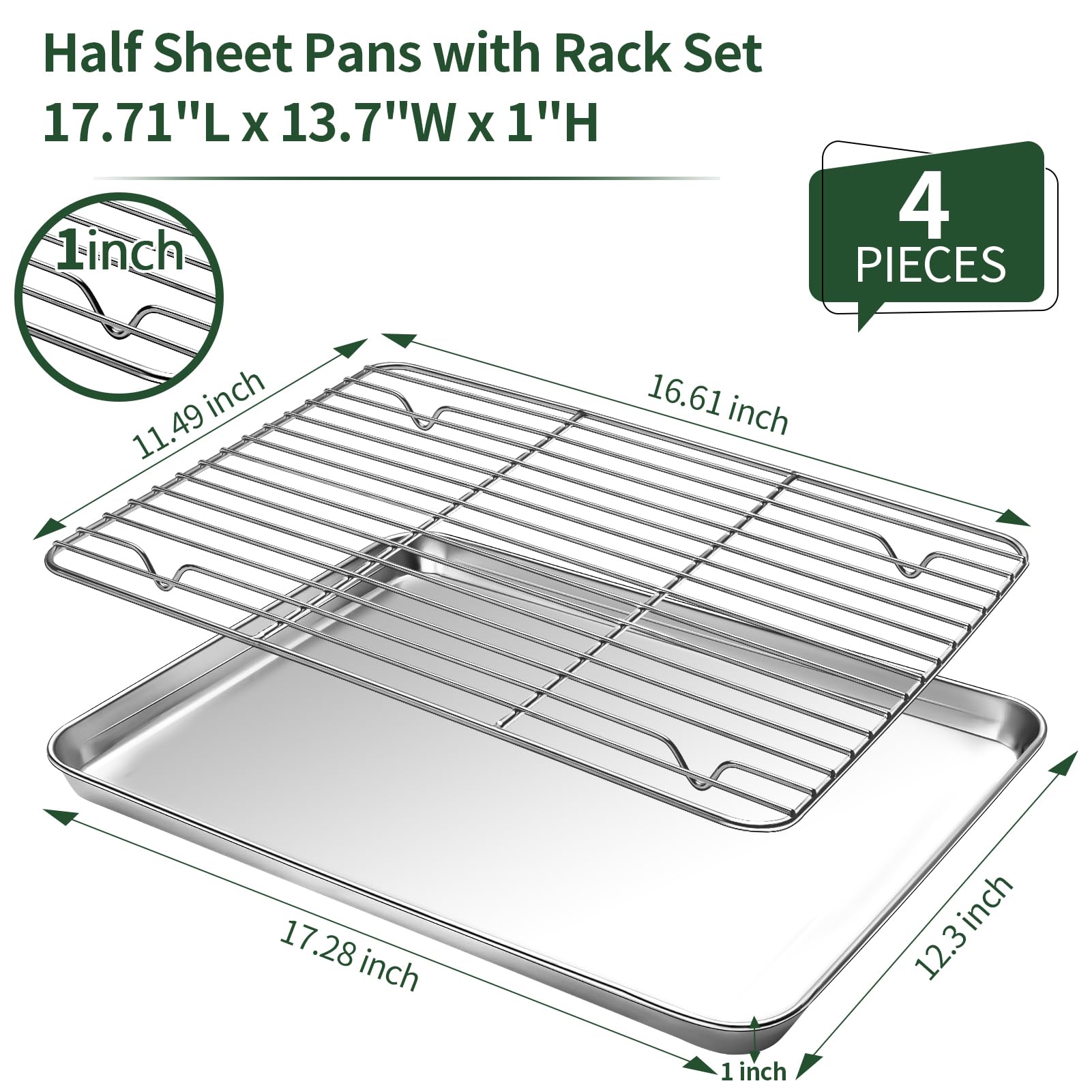 CEKEE Juego de 4 bandejas para hornear y enfriar, de acero inoxidable, no tóxicas, resistentes y fáciles de limpiar, para horno tostador, tamaño 45,7 x 30,5 x 2,5 cm