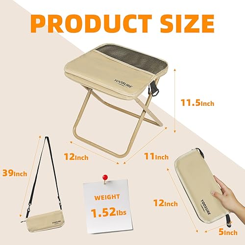 Miniatura 2 de Taburete plegable de 12 pulgadas y bolsa cruzada para exteriores, silla plegable ligera con 2 bolsillos, silla portátil pequeña, taburetes de