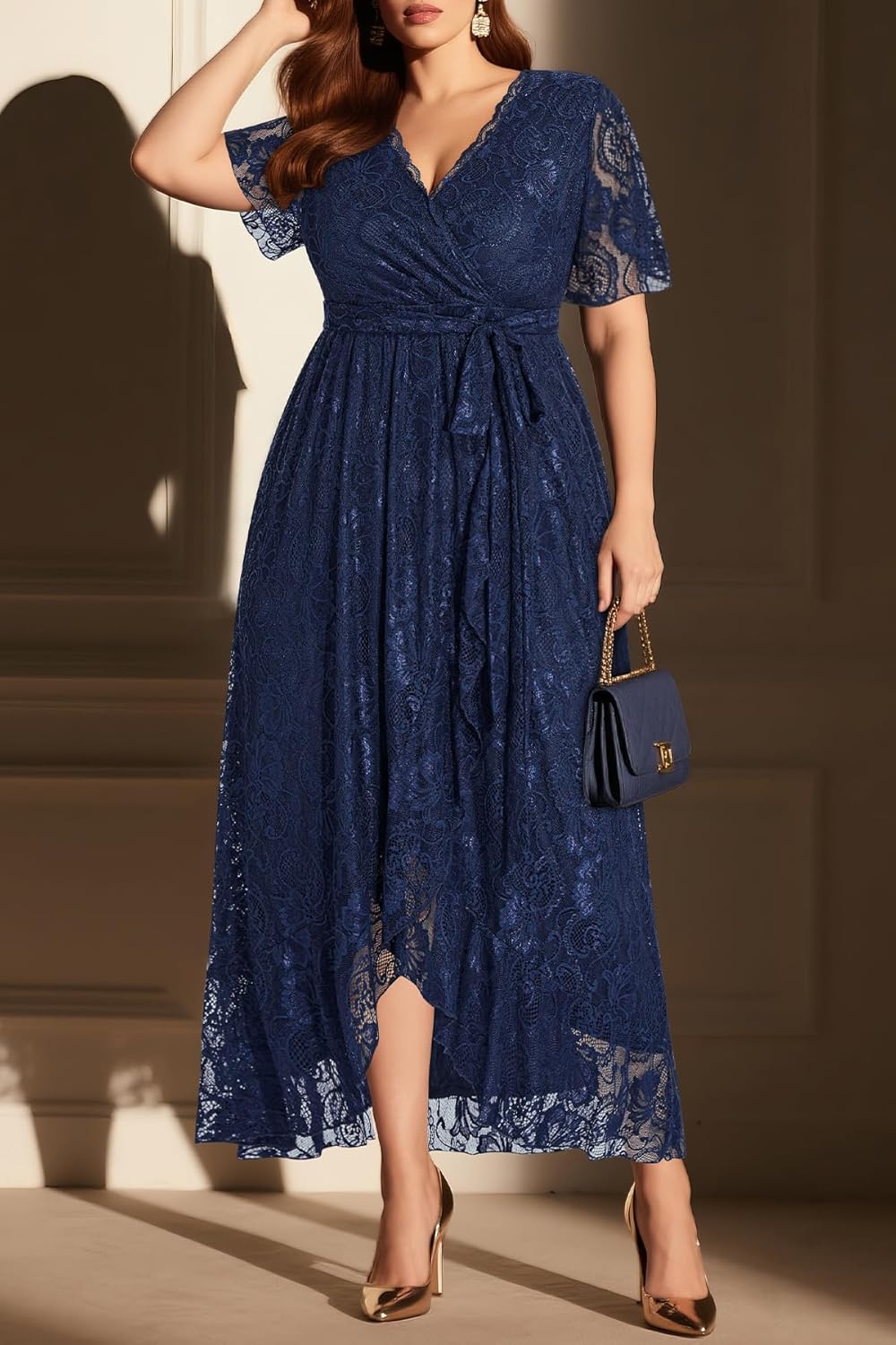 Plus Size Dresses Wedding Guest - Formal Cocktail Party Long Lace High Low Wrap V Neck Dress