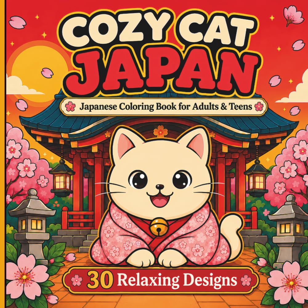 Cozy Cat Japan: Japanese Coloring Book for Adults & Teens: 30 Relaxing Designs with a Cute Cat in Cozy Japanese Scenes for Stress Relief: Kawaii Cat ... Pages for Relaxation and Mindfulness