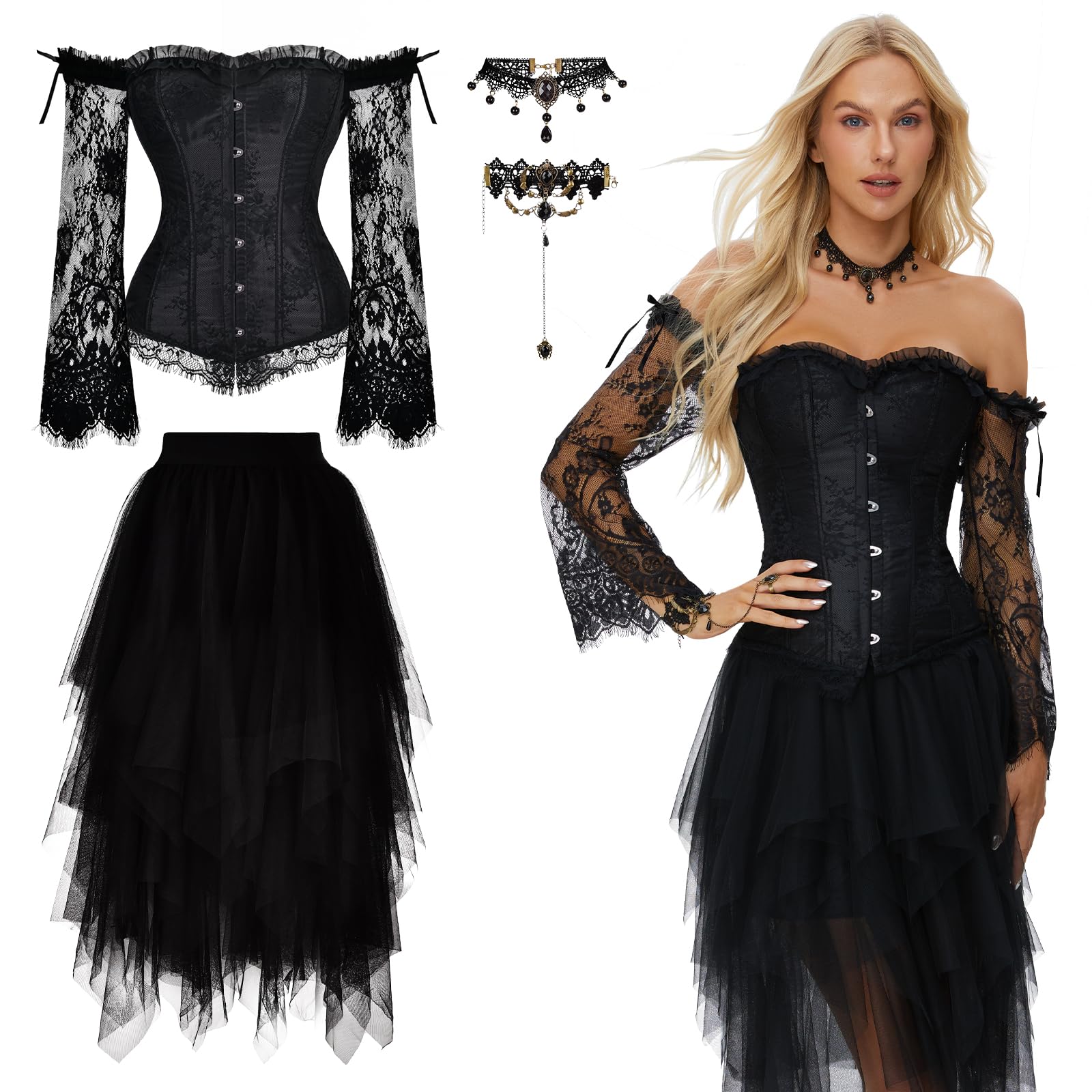 Joellfuner Korsett Damen Set, Corsage Schwarz mit Tüll Rock 76cm, Gothic Vintage Corset Top Pirat Kostüm mit Schulter Ärmel, Kleidung Accessoires für Damen Karneval Cosplay