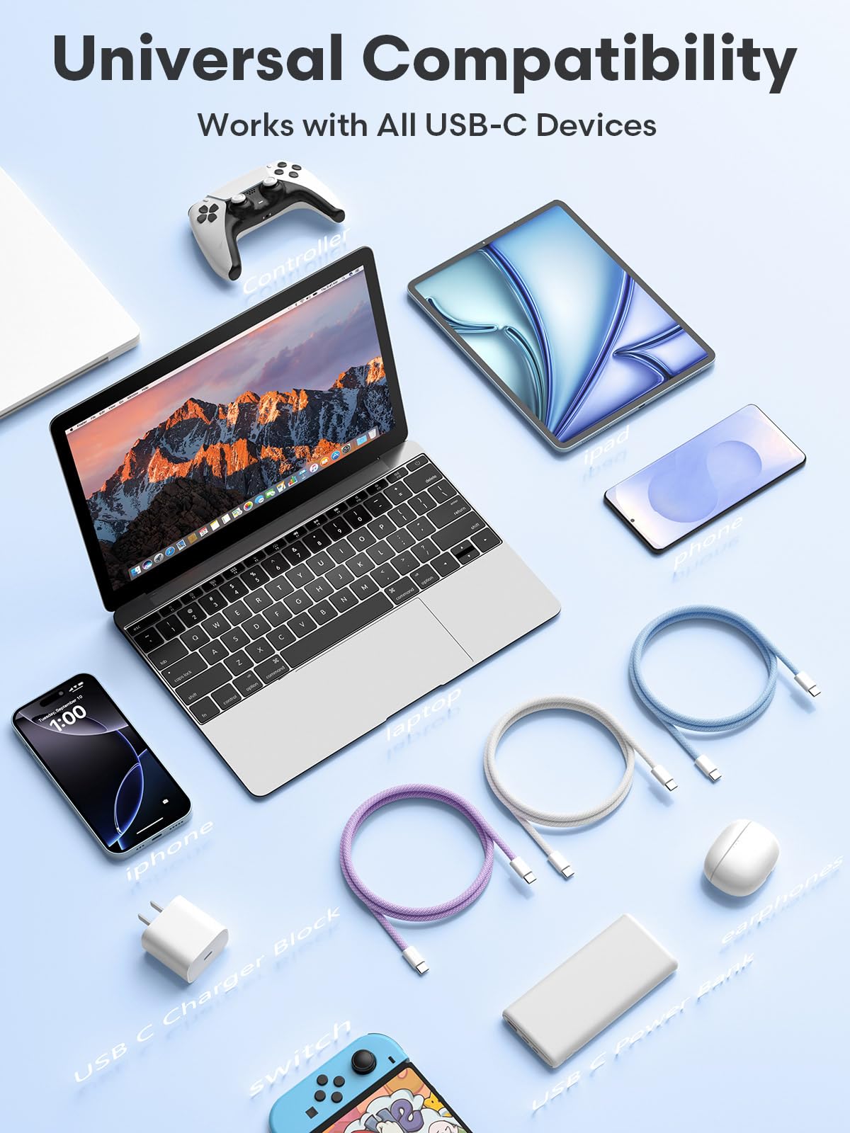 Kabel USB C na USB C, 3 szt., 60 W (20 V/3 A), długi przewód do szybkiego ładowania do iPhone'a 15 16 Pro Max Plus, Samsung Galaxy S24/S23 S22, MacBook/iPad/Pixel/Apple/Android USB-C
