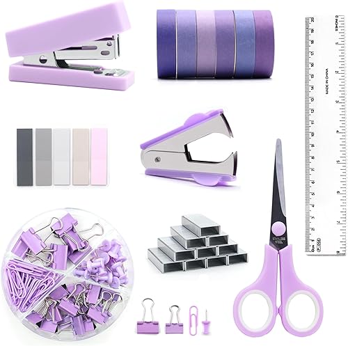 Miniatura 1 de Mini accesorios de escritorio morados, mini suministros de oficina morados, juego de grapadora y dispensador de cinta, kit de accesorios de