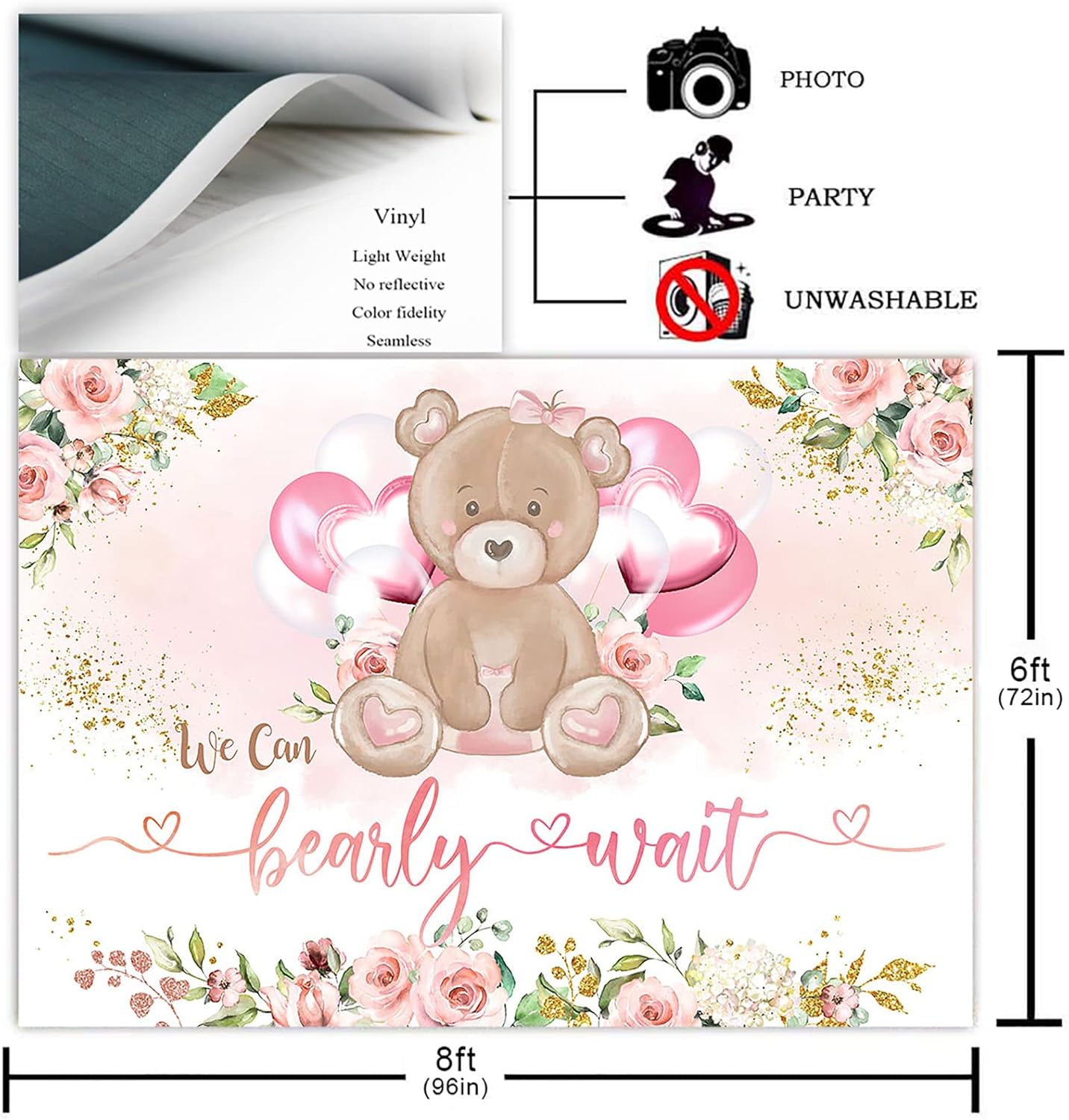 Avezano We Can Bearly Wait Baby Shower Backdrop for Girl Cute Bear Gold Glitter Confetti Baby Shower Photography Background Pink Balloons Floral Lovely Bear Baby Shower Decoration Photoshoot (8x6ft)