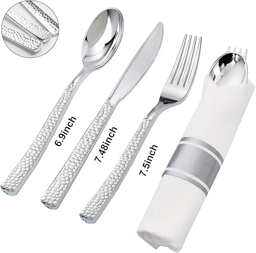 Miniatura 2 de Supernal Paquete de 60 cubiertos de plástico plateado preenrollados de alta resistencia, cubiertos desechables de plástico plateado de primera