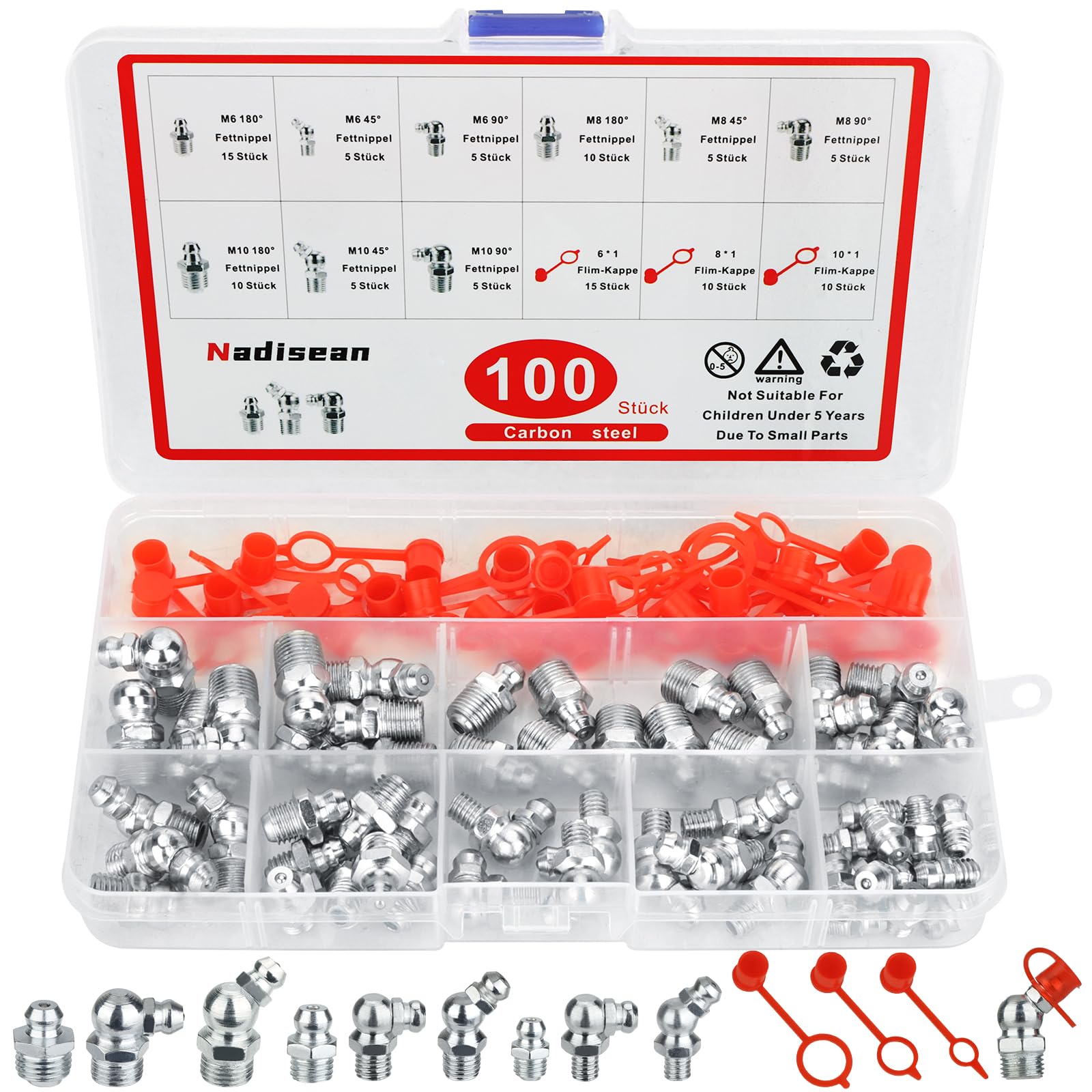 Nadisean 100 Stück Schmiernippel Sortiment Kit, Schmiernippel Set M6 M8 M10 Gerade und Abgewinkelt 45 °90 °, Kegelschmiernippel für Schmierpressen, Hydraulik Fettnippel mit Kappen Aufbewahrungsbox