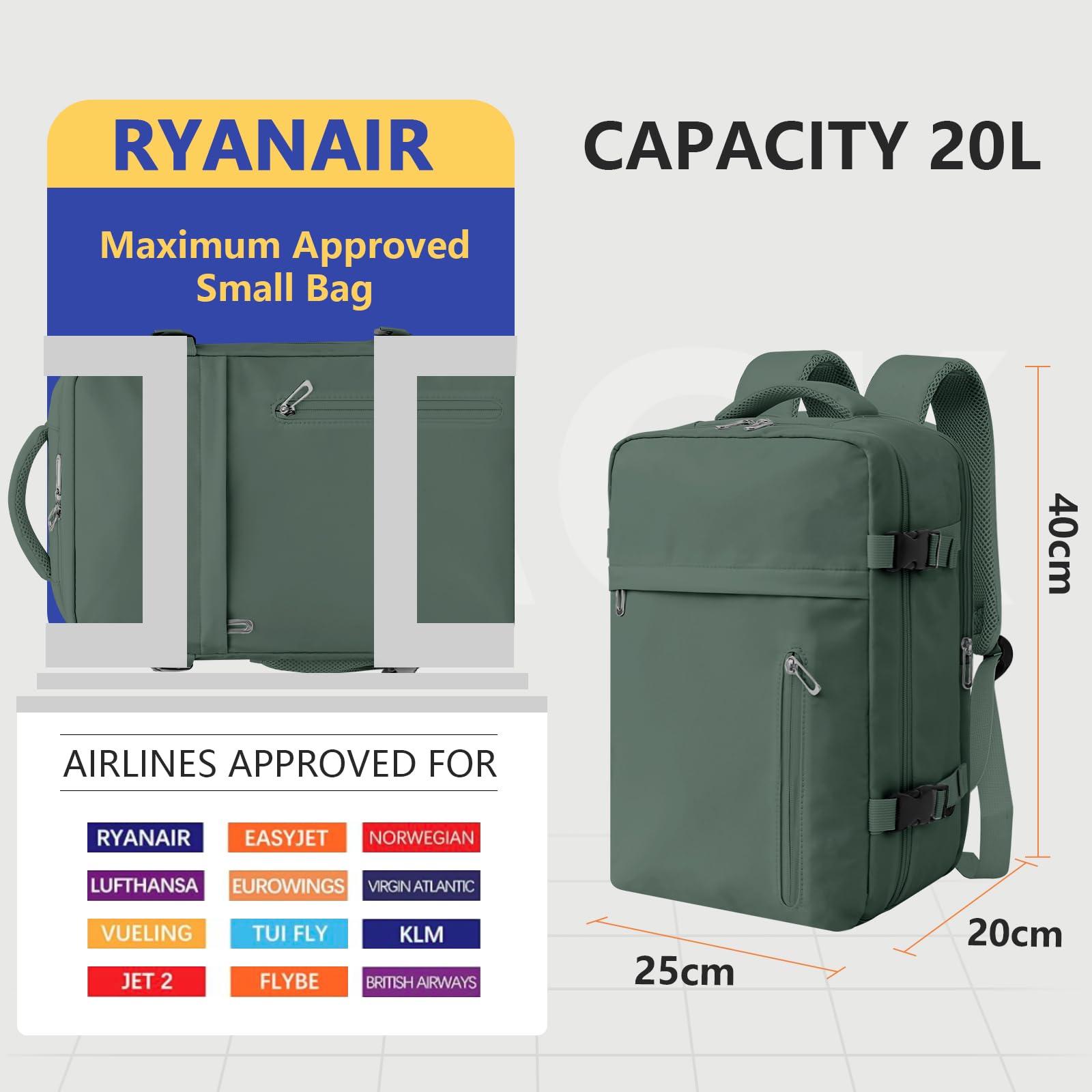 KIRFEIHT Bagaglio a Mano 40x20x25 per Ryanair Zaino da Viaggio Aereo Piccolo - Zaini Universali per Uomo e Donna, Borsa da Viaggio per Cabina per Scuola Trekking Lavoro - Verde