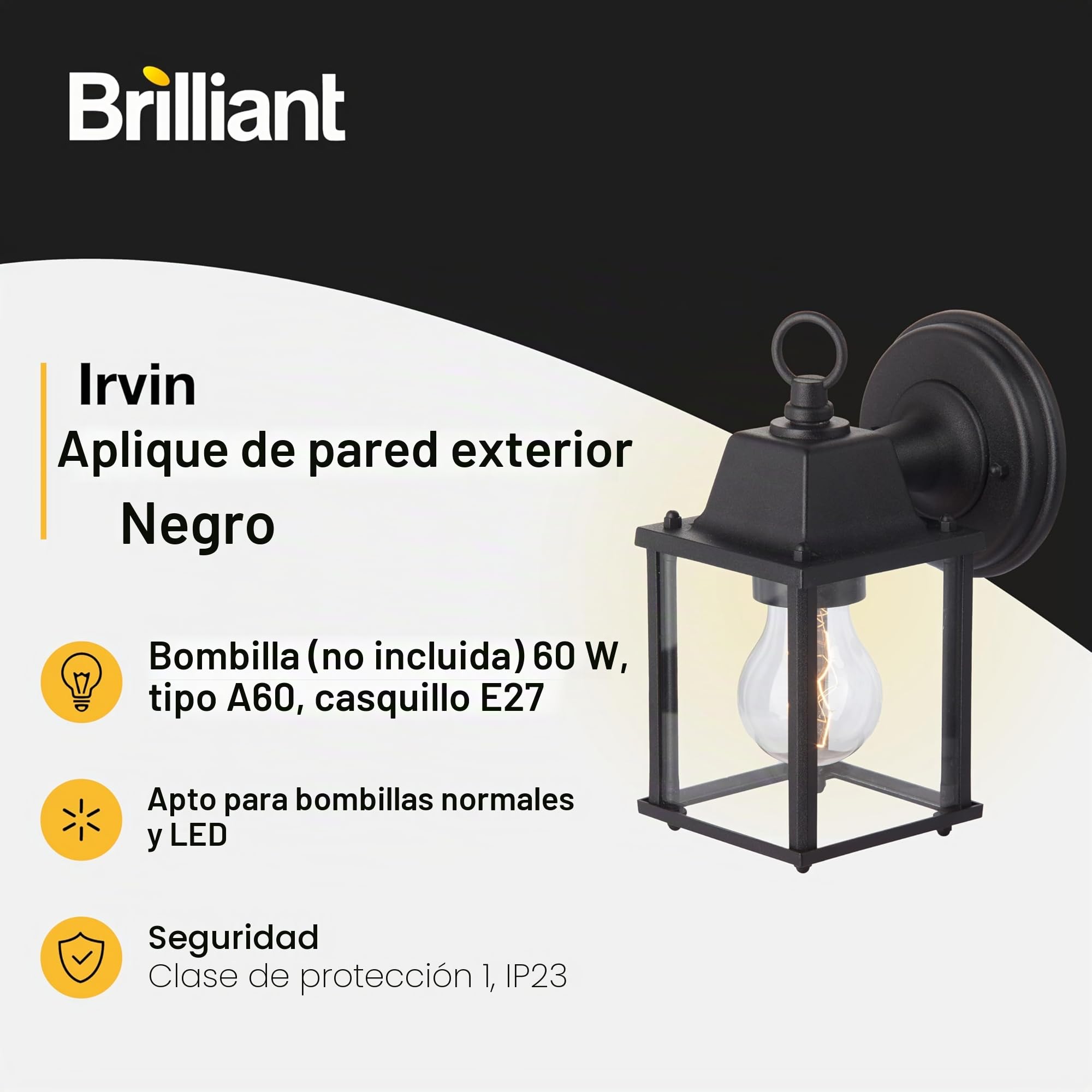 Brilliant 96186/06 Irvin - Lámpara de pared para exteriores (metal y cristal, 1 bombilla E27, 60 W), color negro