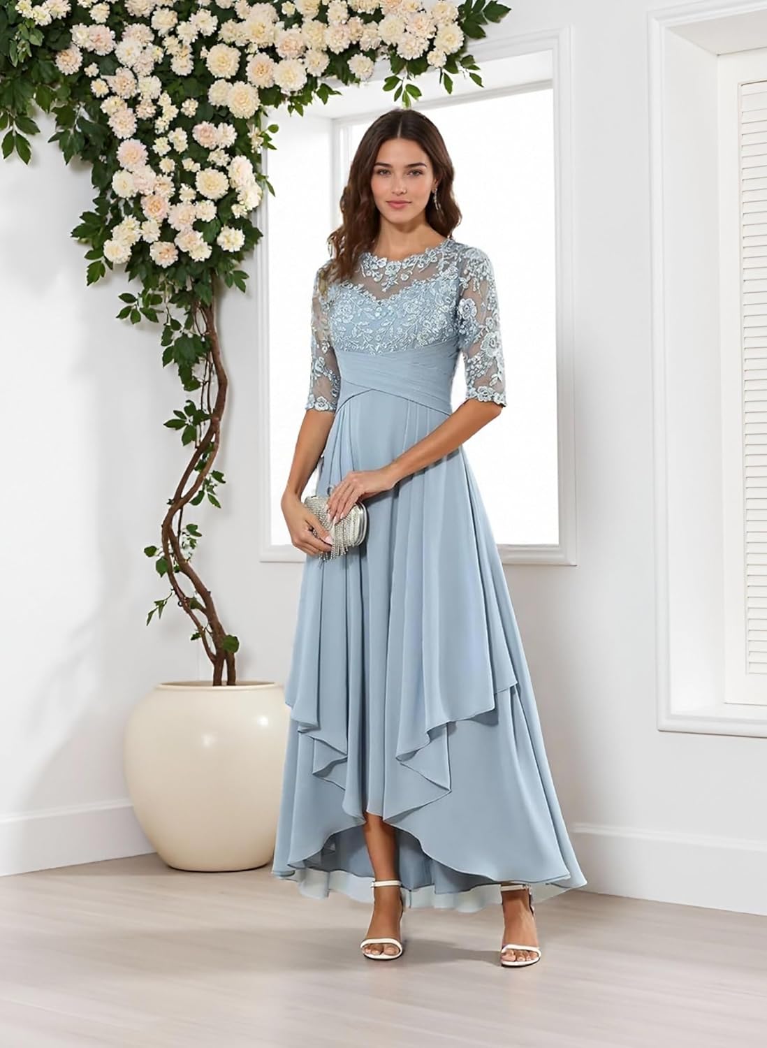 Lace Appliques Mother of The Bride Dresses for Women High Low Ruched Chiffon Formal Wedding Guest Dress - Image 2