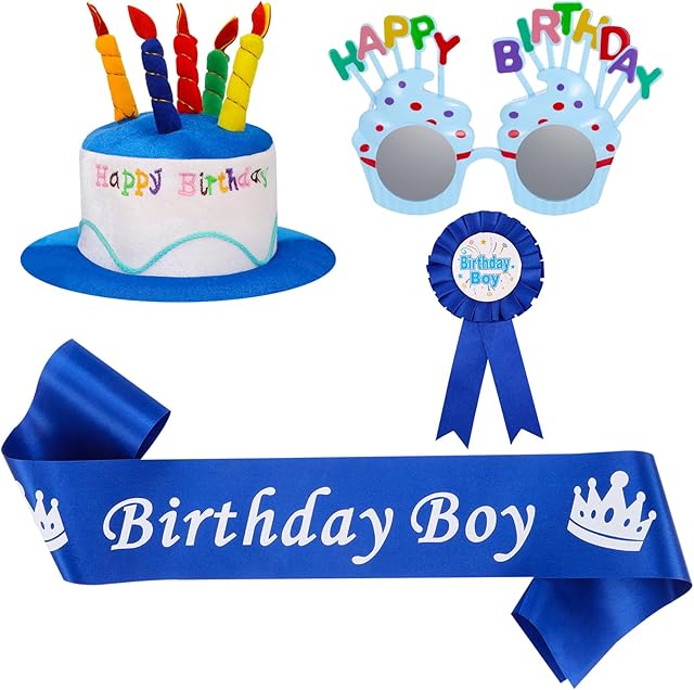 FRIUSATE 4 pieces Happy Birthday Hat, Plush Happy Birthday Cake Hat with Birthday Glasses, Birthday Badge and Birthday Sash Birthday Party Hats for Kids Adults( Blue)