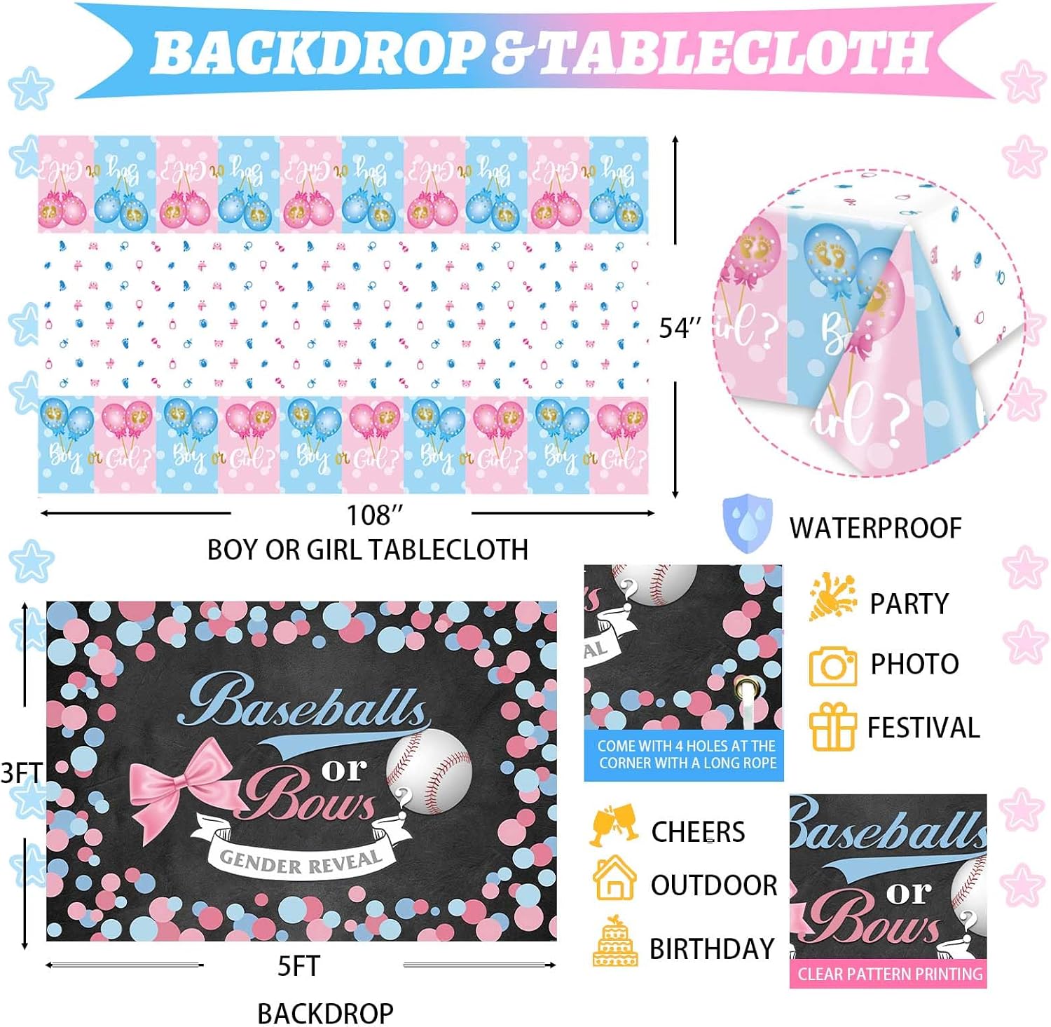 Baseball or Bows Gender Reveal Decorations, 171 PCs Boy or Girl Gender Reveal Decorations Backdrop Balloon Garland Banner Tablecloth Cake Cupcake Topper Box Cutout Poster Sash Pink Blue