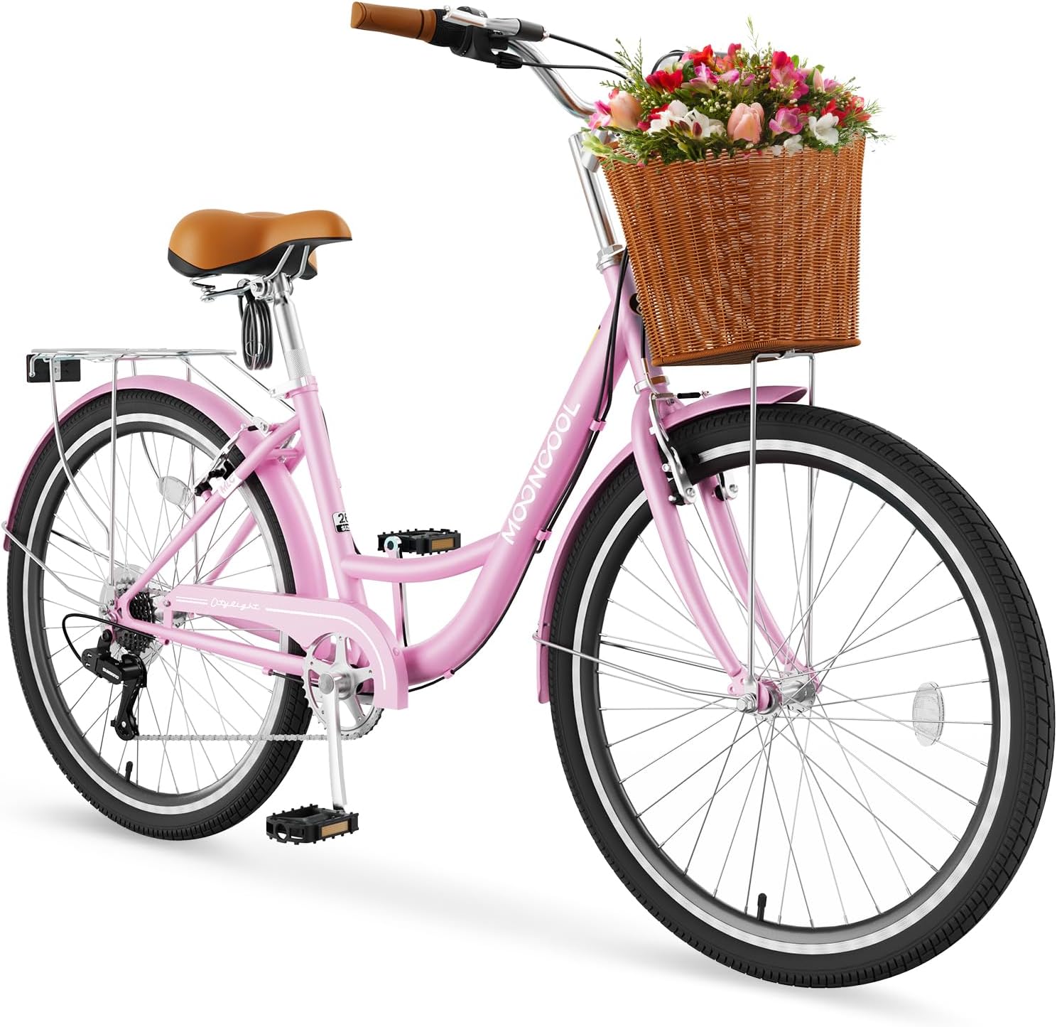 LILYPELLE Beach Cruiser Bike for Women, 24 26 inch Womens Bike with Ratten Basket & Rack, Comfort Cruiser Bicycle Step Through for City Commuter, Retro Bicycle for Seniors Ladies Adults