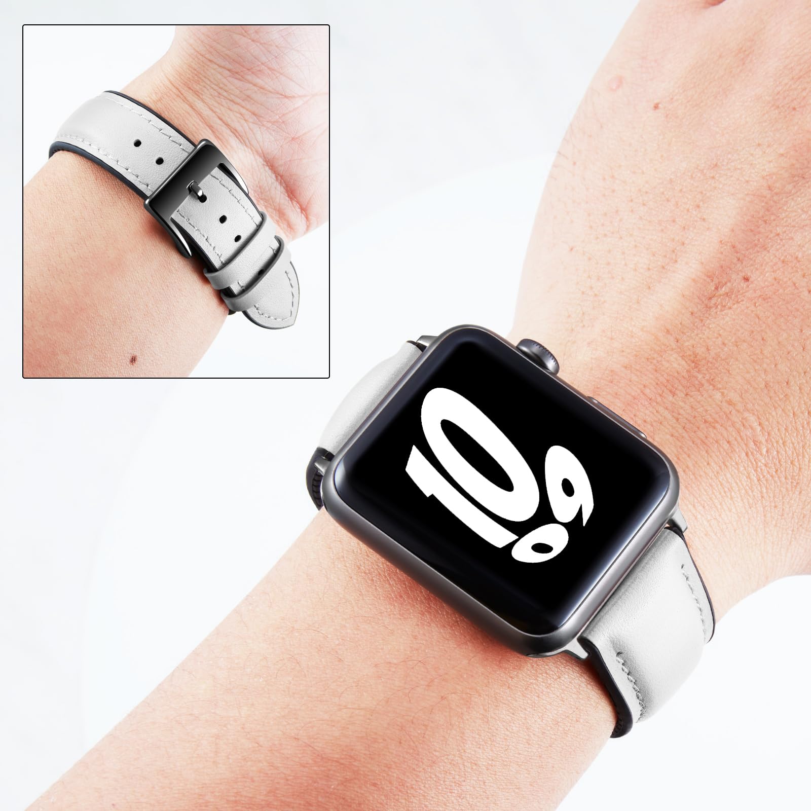 BINLUN Compatible with Apple Watch Bands Leather Soft Silicone Inner Hybrid Sweatproof 42mm 44mm 45mm 46mm 49mm Watch Strap for iWatch Ultra SE Series 11/10/9/8/7/6/5/4/3/2/1(Black Buckle,White) - Image 4