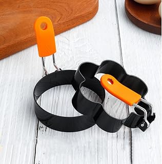 2 Pcs Non-Stick Fried Egg Rings Mold for Home Breakfast Sandwich Burger Muffins Pancake Egg Poacher Camping Family Cooking Accessories Silicone Handle Kitchen Gadgets(Round&Flower)