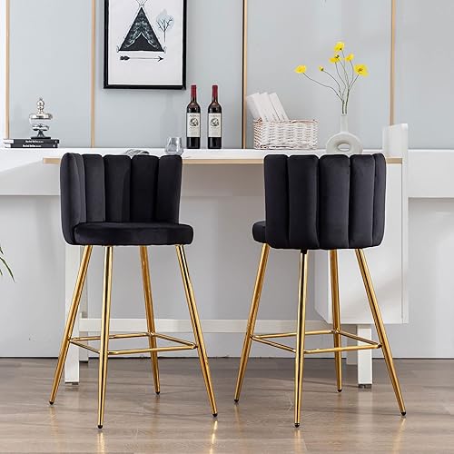 Miniatura 3 de Velvet - Taburetes de bar de 30 pulgadas de altura de barra, juego de 2 taburetes de cocina modernos, sillas tapizadas con patas de metal dorado