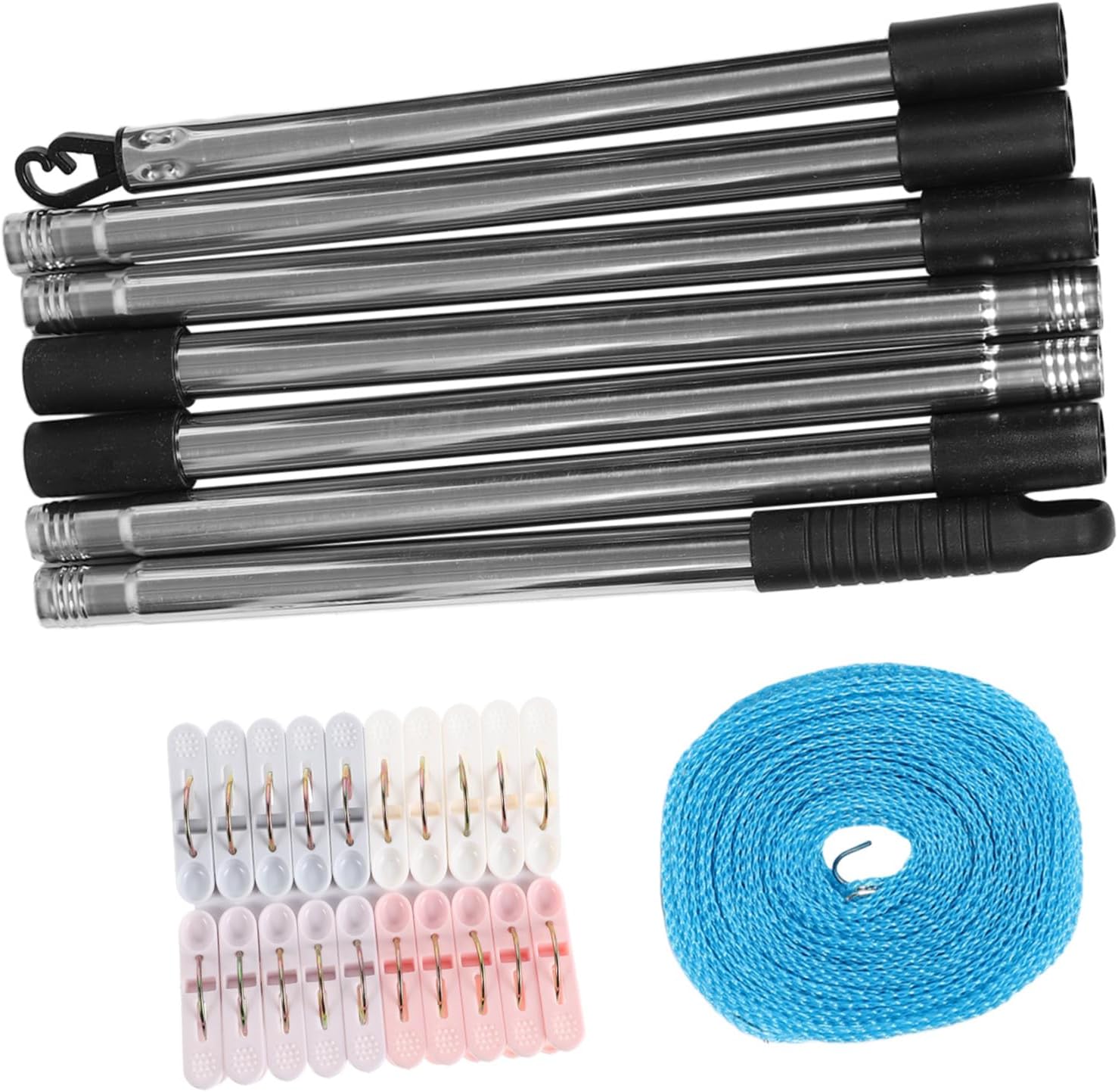 Healifty Outdoor Retractable Clothesline Set with Nylon Rope and Clips, 2.5m Telescopic Washing Pole, Windproof Laundry Line for Garden, Balcony, Camping, Travel Use