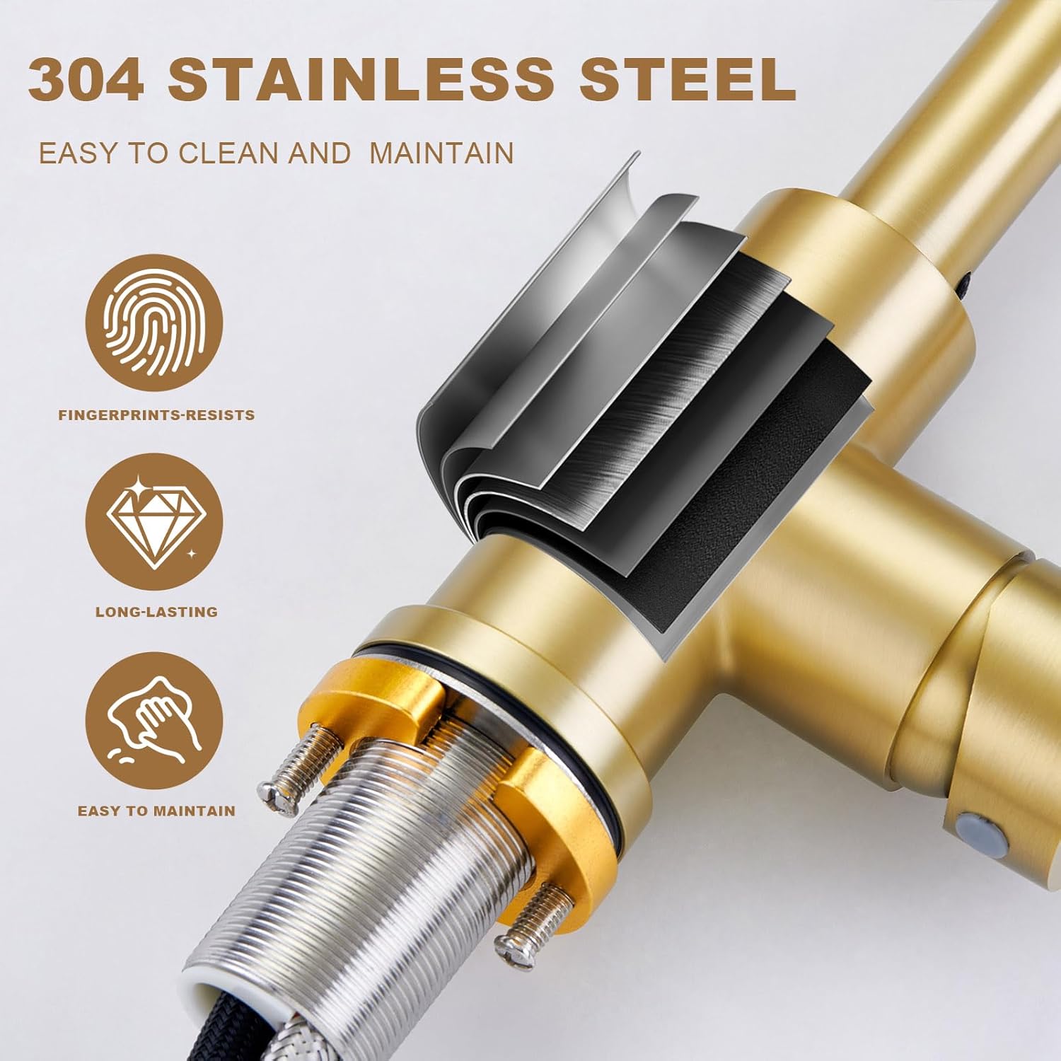 Bathroom Sink Faucet with Pull Down Sprayer,Single Handle Pull Out Faucet with Pop-Up Drain, 1 or 3 Hole Laundry Bar Basin Brushed Gold Faucet with Deck Plate - Image 7