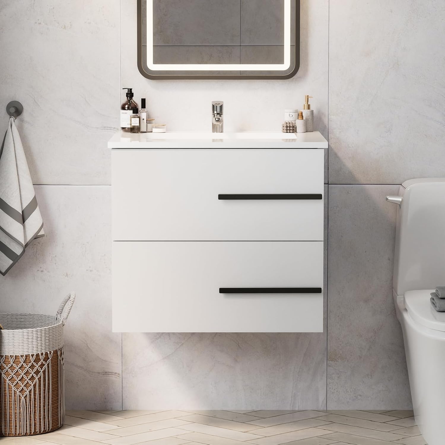 24 Inch Bathroom Vanity with Sink, Modern Floating Wall Mounted Cabinet, White High Gloss PVC Finish, Soft Close Drawers & Ceramic Top for Small Space (Right-Hand Pull Handle, 24")