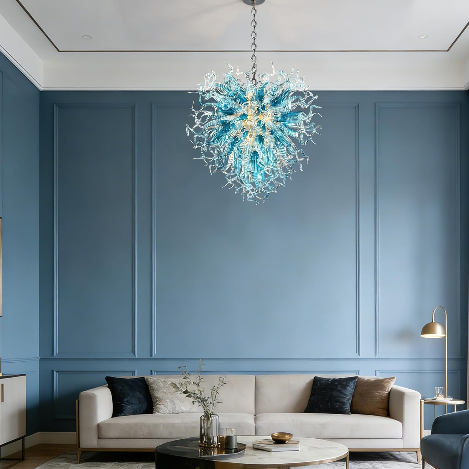 Hand Blown Glass Chandelier, Blue, Hardware and Glass, 20in/28in/36in, for Living Room Dining Room Bedroom (24” Dia x 28” H)