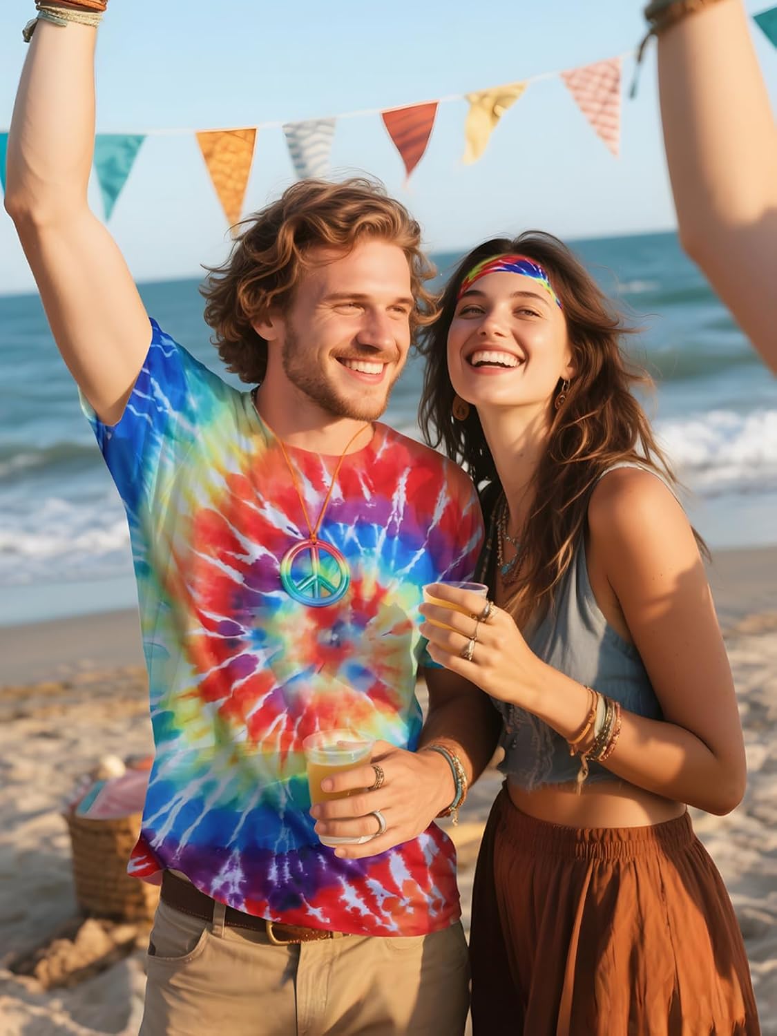Hippie Costume for Men 60s 70s Outfits for Men Tie Dye Shirt Set Fringe Carnival Vest Wig Tie Dye Headband for party - Image 4