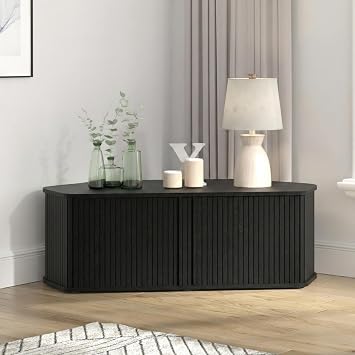 Corner TV Stand 43 Inch, Mid Century Corner Entertainment Center with Sliding Tambour Door, Media Console Table with 2 Layers Storage, Fluted TV Stand for Living Room, Bedroom Black