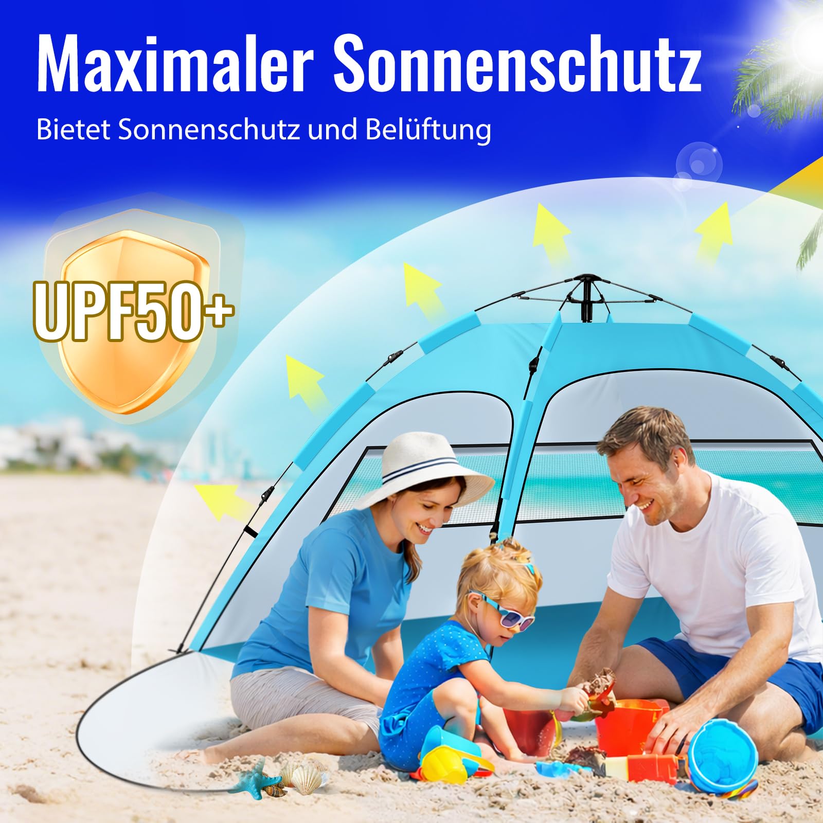 Purebox Strandmuschel, Strandzelt für 2-4 Personen, tragbares automatisches Strandzelt, UV50+ Schutz mit Doppeltüren, Strandmuscheln Geeignet für Familien-Strandcamping, Gartengrill, Wanderzelt