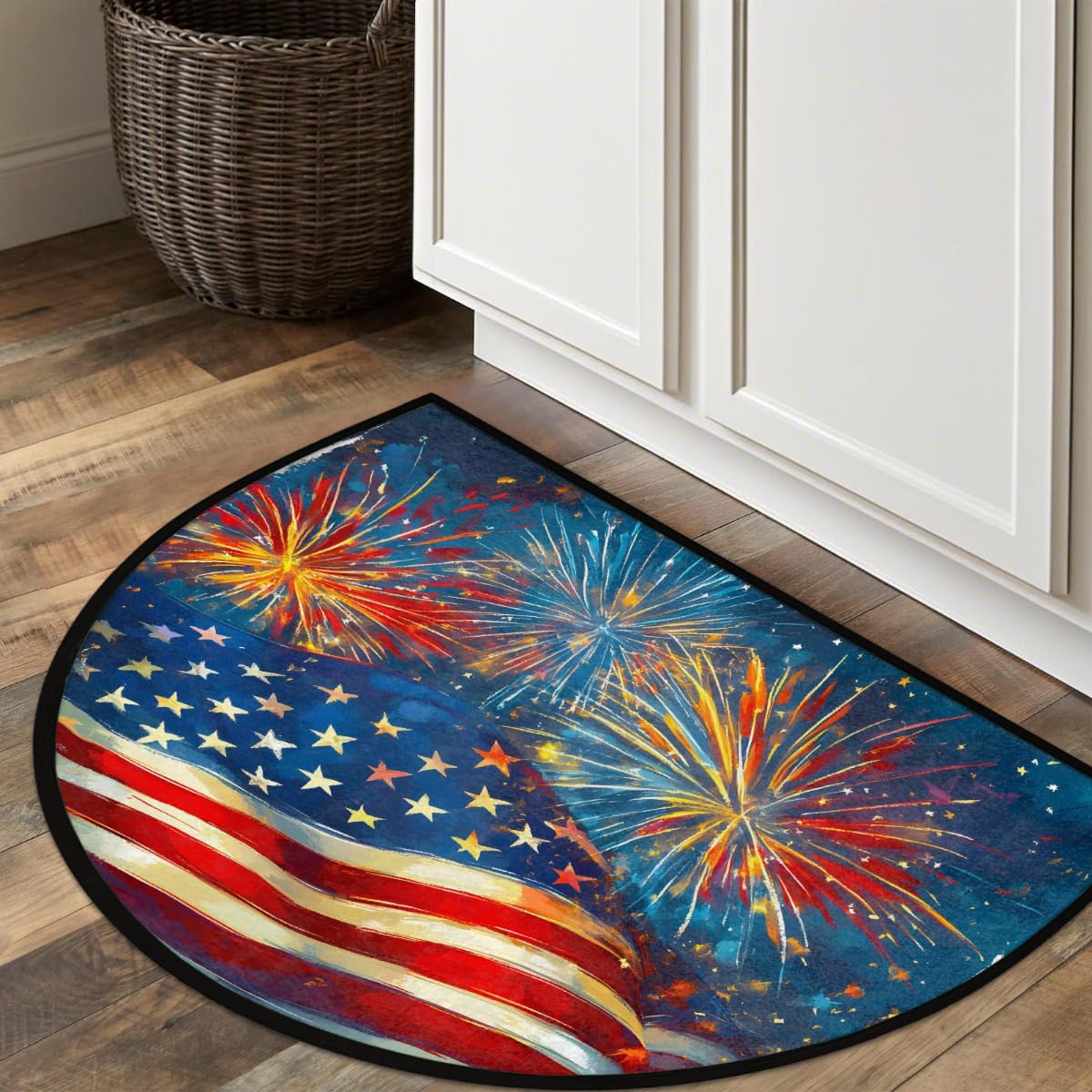 Half Round Door Mat Fireworks American Flag Non-Slip Soft Semi Circle Rug Washable Half Moon Welcome Entrance Doormat for Indoor Floor Indoor Bedroom Bathroom Home Kitchen Festival Decor Gift