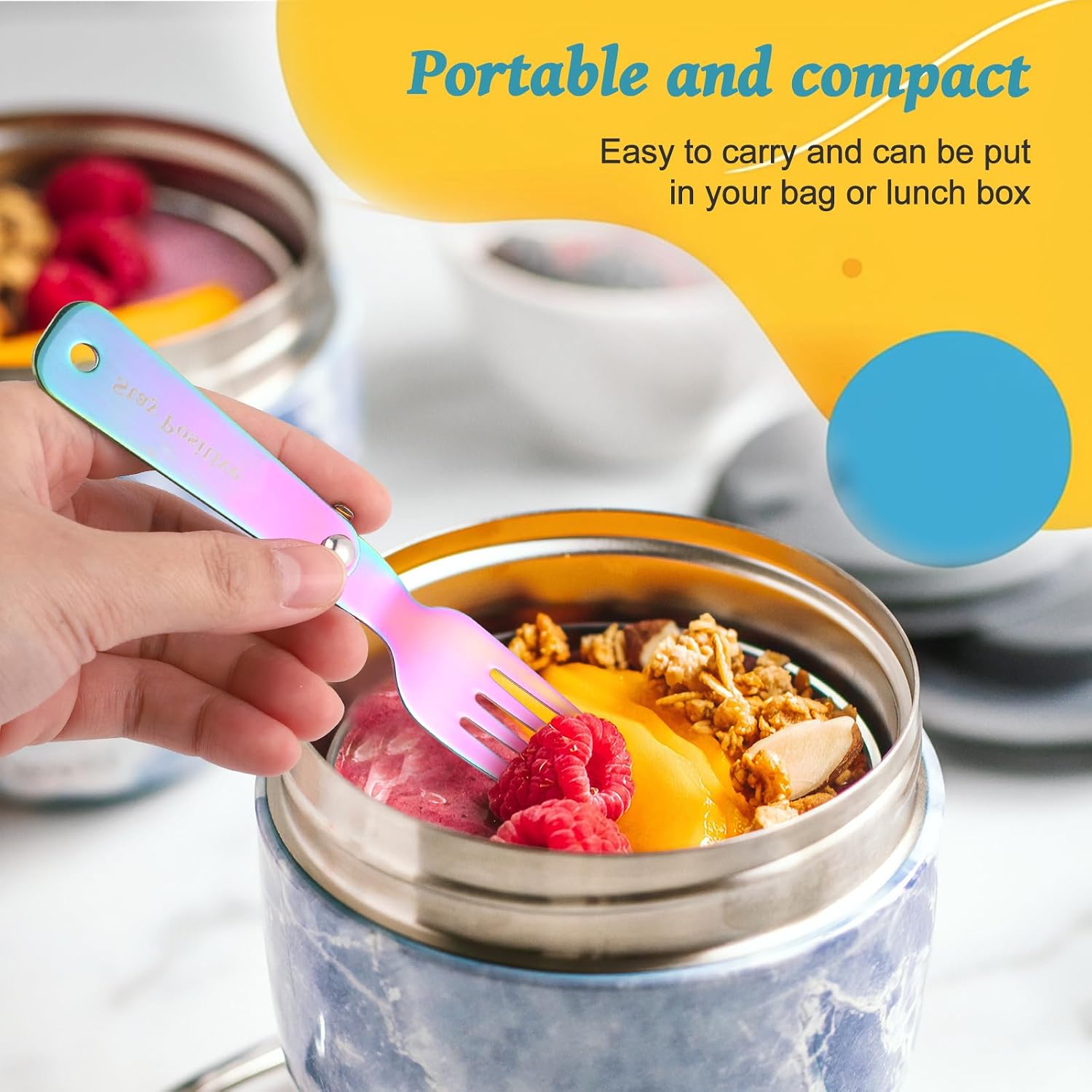 Replacement Spoon and Fork Compatible with Thermos Funtainer Food Jar 10oz, Dishwasher-Safe Stainless Steel Foldable Spoon and Fork with Positive Lettering and Hanging Hole(Iridescent)