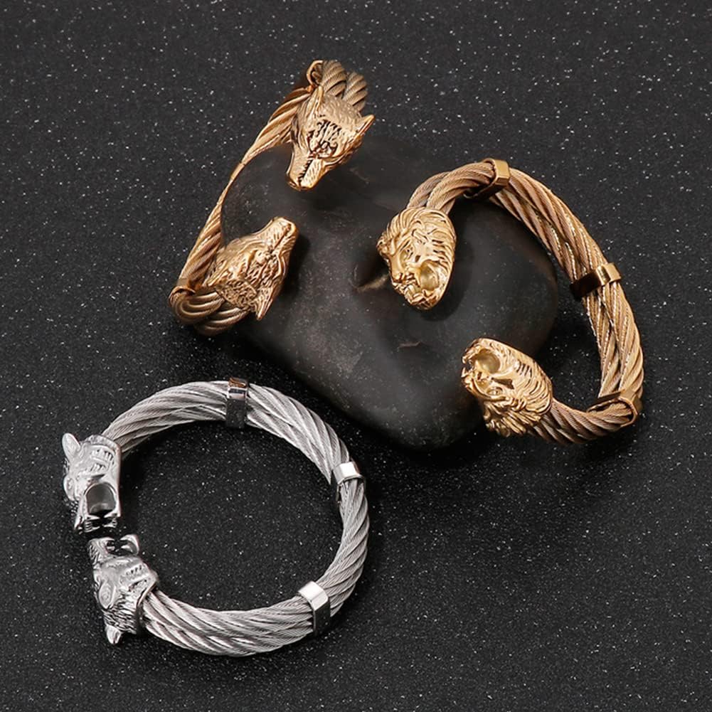 Men's Wolf Head Cuff Bangle Twisted Arm Ring, Stainless Steel Punk Biker Weave Hinged Wrist Chain Fenrir Viking Bracelet Pagan Amulet Jewelry