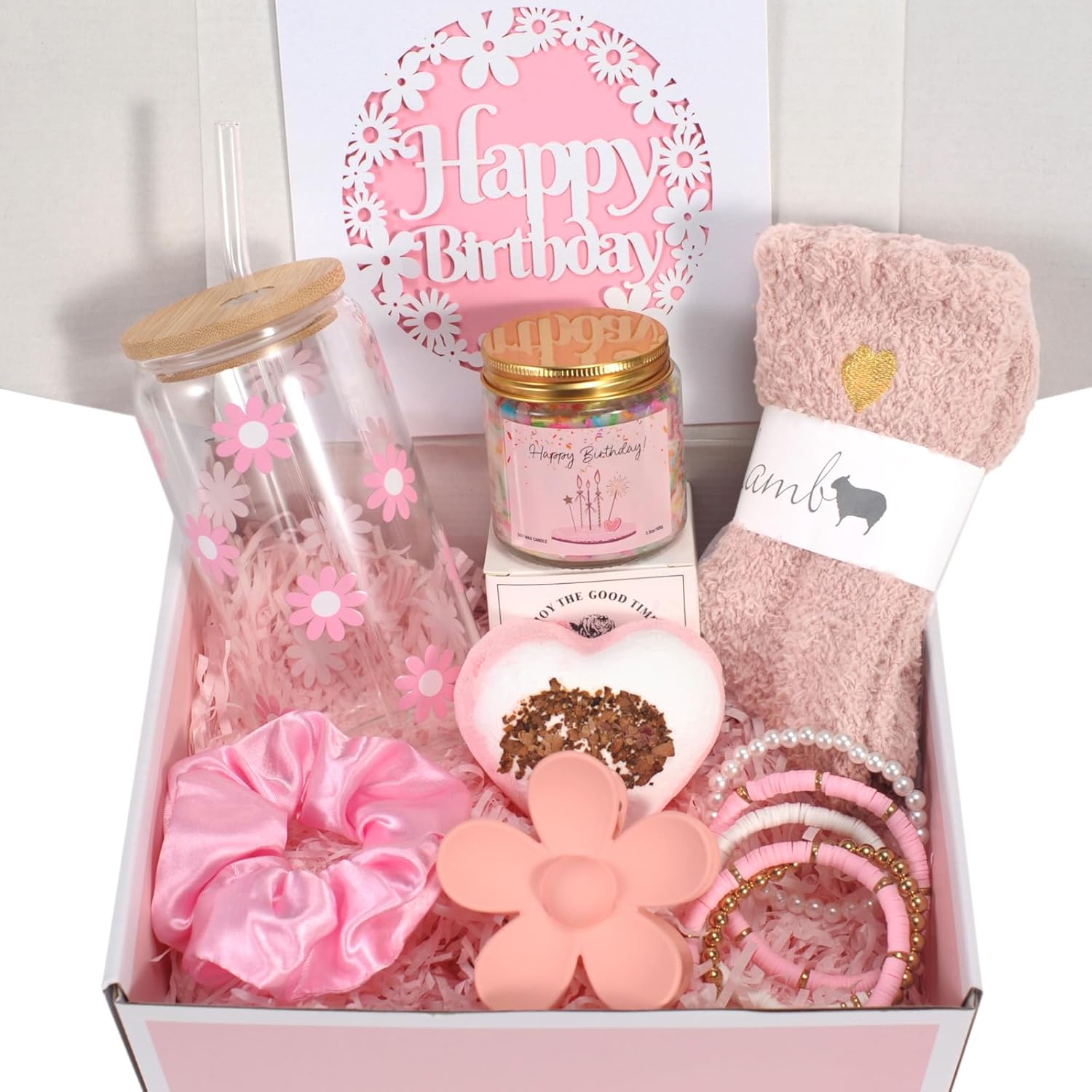 Birthday Gift for Teen Girls, Happy Birthday Box for Girl, Cute Preppy Stuff for Tween Girls, Christmas, Cute Daisy Aesthetic Glass Cups Tumbler Teen Gals Gifts Set 8pcs