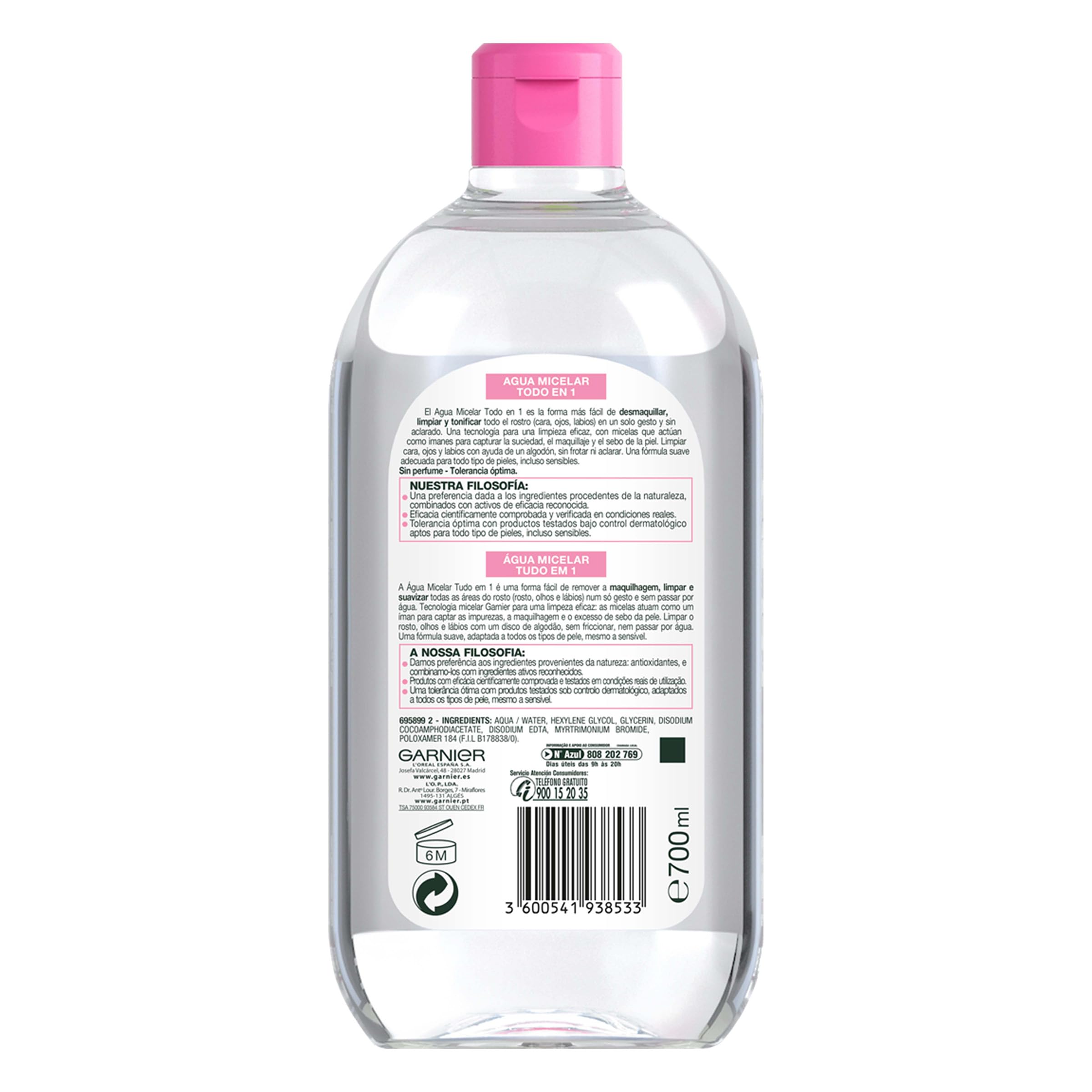 Garnier Skin Active, Agua Micelar Clásica Todo en Uno, Desmaquillante, Limpiador Facial, Limpia Rostro, Labios y Ojos, Sin Aclarado, para Todo Tipo de Pieles, Formato Maxi, 700 ml — view 2