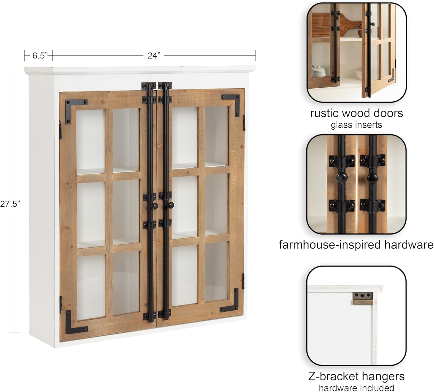 Kate and Laurel Hutchins Farmhouse Tall Wooden Wall Cabinet, 24 x 7 x 28, Rustic Brown and White, Vintage Cabinet with Glass Doors for Pantry or Over-The-Toilet Storage