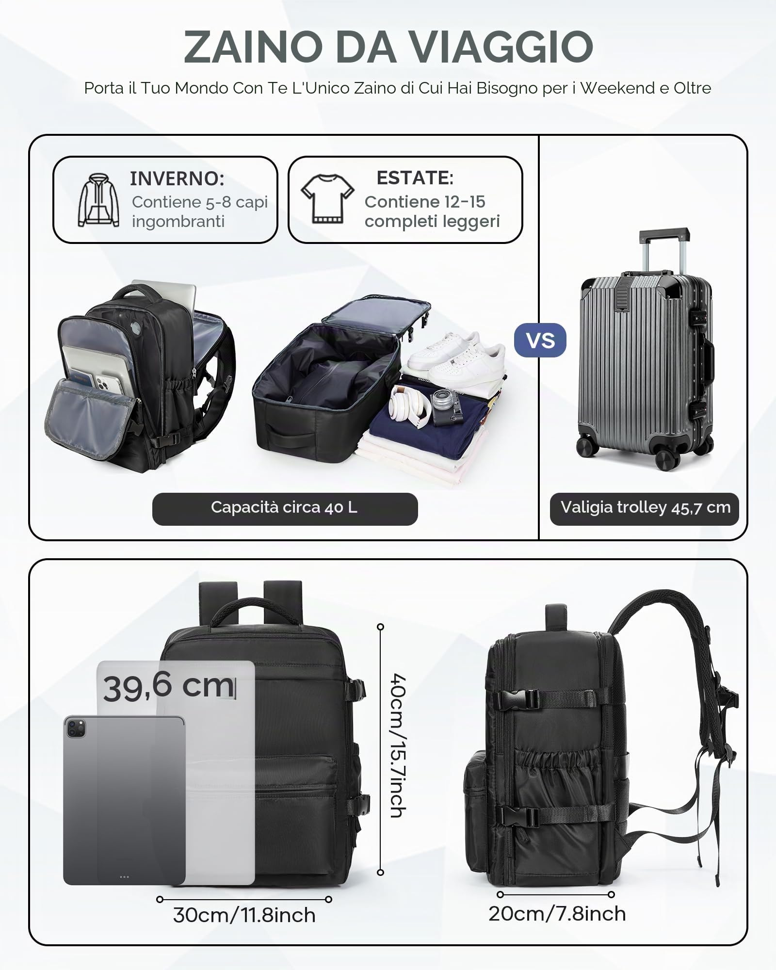 Zaino 40x30x20 Sottovuoto Viaggio Aereo Bagaglio a Mano Ryanair | con Pompa Zaino da Viaggio Impermeabile Zaini Airbag Borsa da Cabina Wizzair Vueling per Donna Uomo - Nero