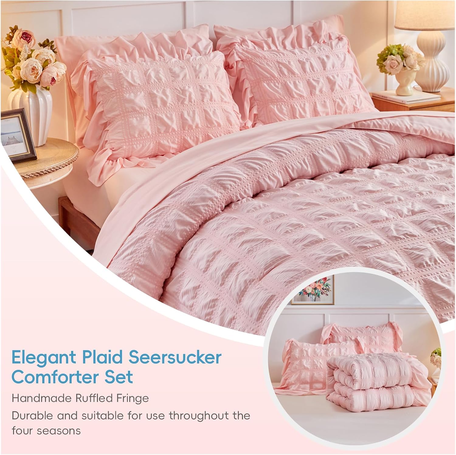 Flysheep Blush Pink Plaid Seersucker Comforter Set with Ruffled Fringe Queen Size, 3 Pieces Soft Fluffy Farmhouse Bedding Set for All Season, Elegant Bed Set with Ruffle Shams (Blush Pink, Queen)