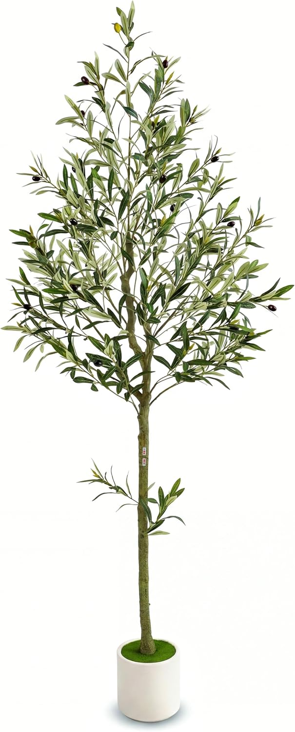 Olive Trees Artificial Indoor 8ft Artificial Olive Tree with White Planter Lifelike Trunk and Fruit,Perfect for Home Office Living Room Décor