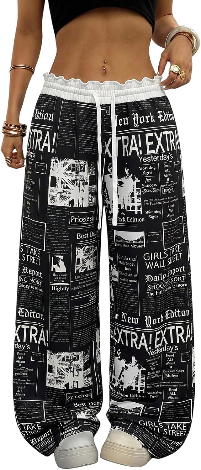 SOLY HUX Women's Camo Pants Wide Leg Baggy Sweatpants Elastic Waist Drawstring Loose Pants Trendy Y2K Drawstring Trousers