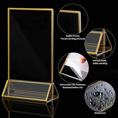 Miniatura 4 de 24 piezas de soporte acrílico transparente dorado de doble cara para menú, con bordes dorados, soporte para exhibición de letreros transparentes,