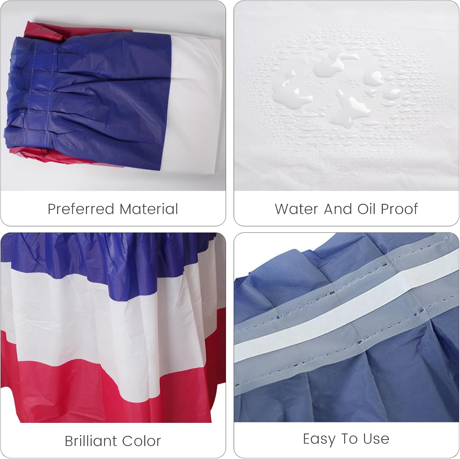 4-Pack 4th of July Disposable Red White Blue Table Skirts – Self-Adhesive Waterproof Plastic 2.4 * 14ft (29 x168in) | Single-Use Patriotic Decor for 4th of July, Memorial Day Parties