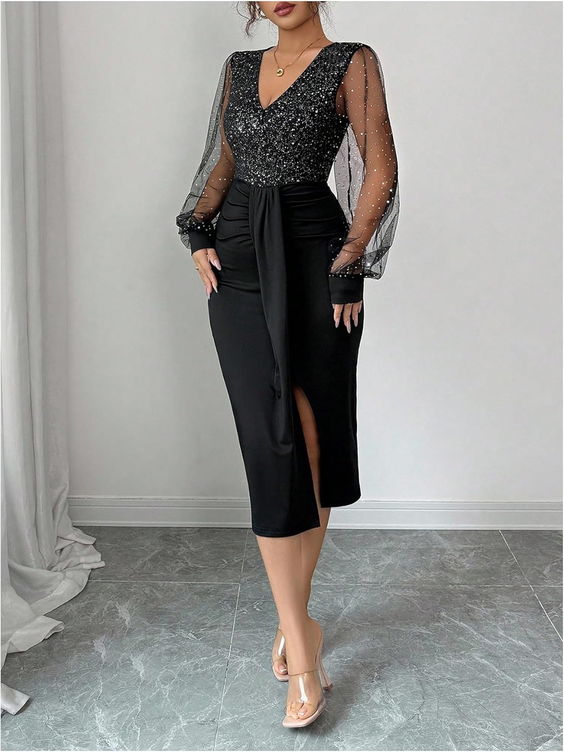 Floerns Women's Sparkly Mesh Long Sleeve Bodycon Midi Dress V Neck Slit Party Night Out Dresses - Image 2