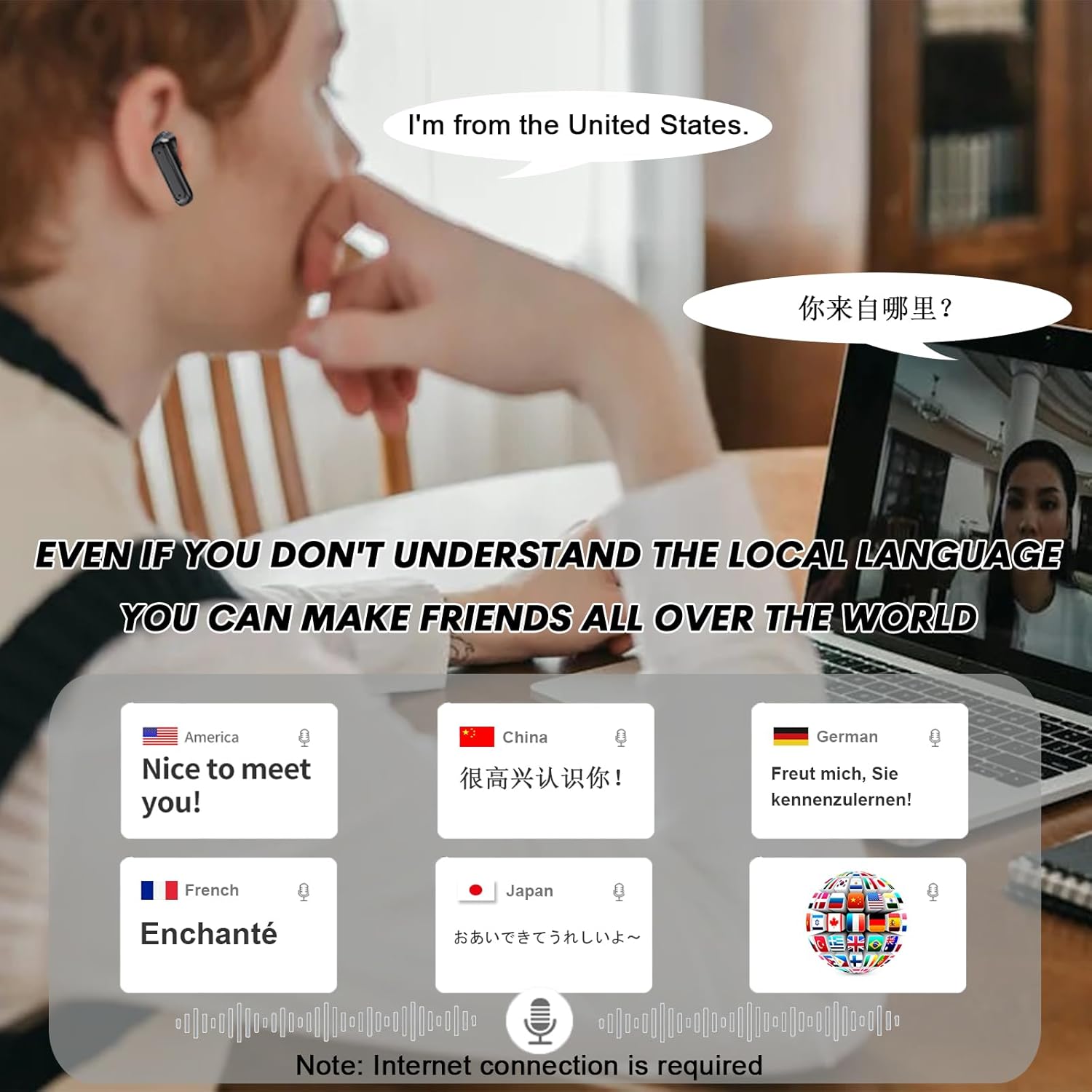 Image showing two people communicating with translation earbuds. One person says 'I'm from the United States.' and the other's speech bubble shows '你来自哪里?' (Where are you from?). Below are examples of 'Nice to meet you!' translated into Chinese, German, French, and Japanese, with a note 'Internet connection is required'.