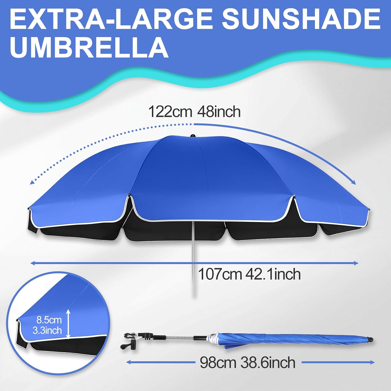 2 Pack 48.6" Ruffle Edge Chair Umbrella with Clamp, Blue | 360° Adjustable Beach Chair Umbrella, UPF50+ Sun Protection, Portable Bag