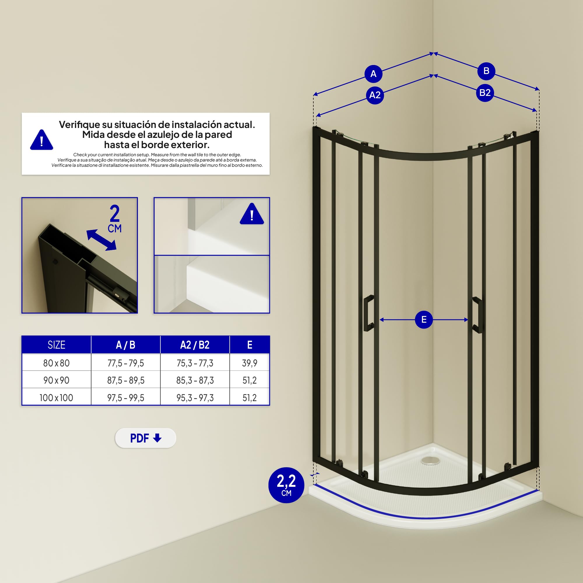 Mampara de Ducha Ella | 80x80x190cm | Puertas correderas | Ajuste 77,5-79,5 x 77,5-79,5cm | Perfiles negros, Cristal transparente de 6mm - Moments of Glass