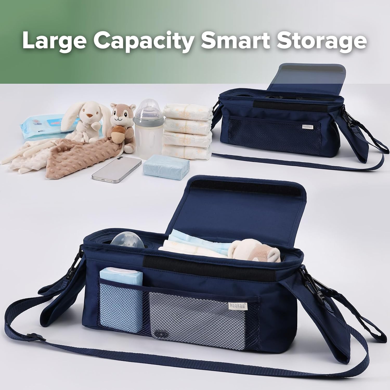 haakaa Universal Stroller Organizer with Insulated Cup Holder - Bluestone, Single Cup Holder, Stroller Caddy Accessories with Shoulder Strap & Extra Non-Slip Stroller Hook, Fits Most Strollers