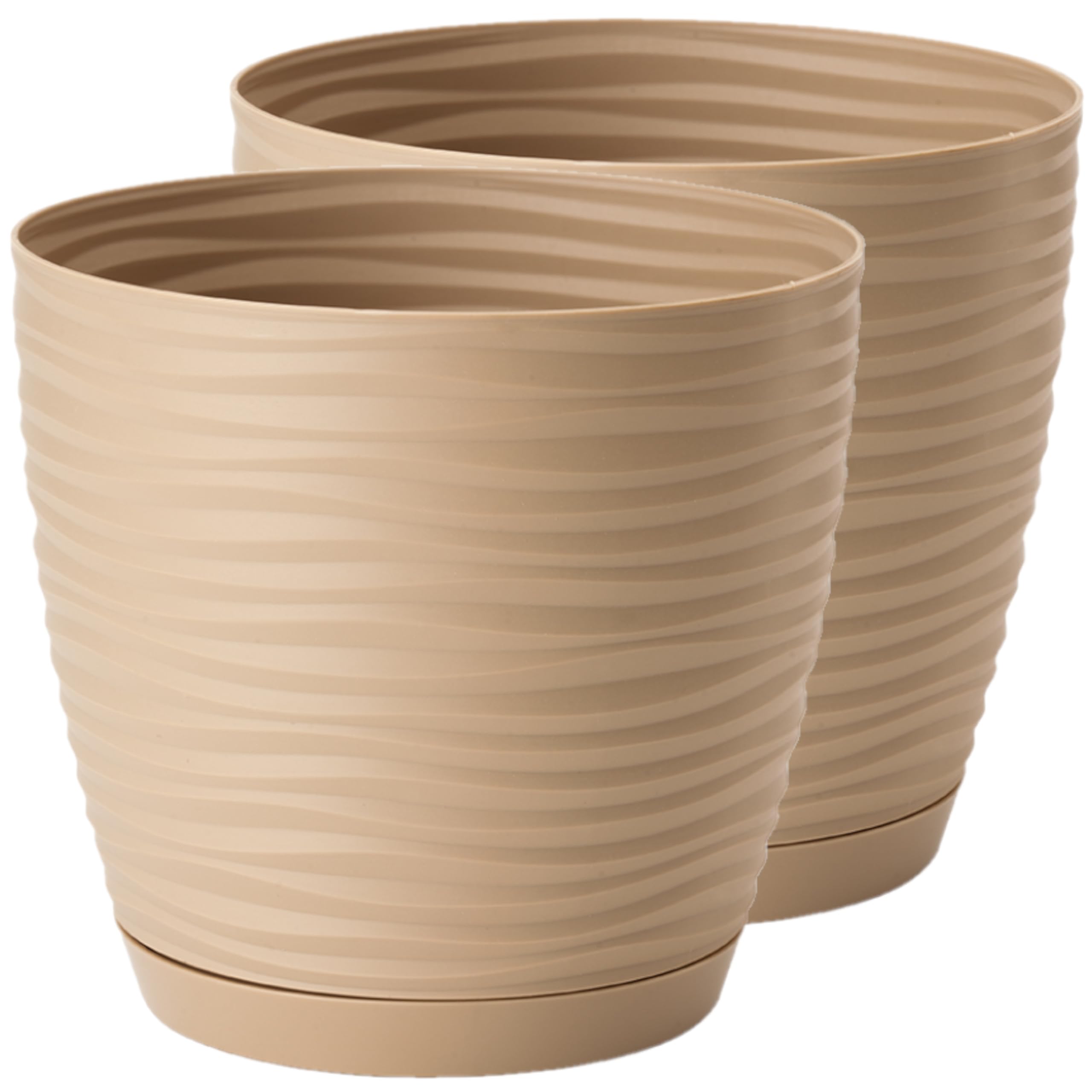 Home Garden Ornaments Taupe Plant Pots Indoor – Set Of 2 Plastic Flower Pots With Saucer And Drainage Holes, Decorative 3D Wave Design (, 13Cm / 5.1 Inch)