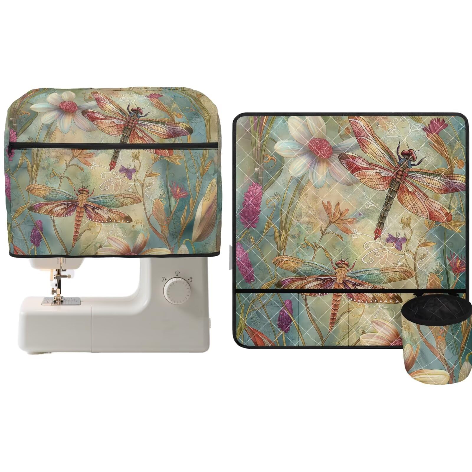 2 alfombrillas acolchadas para máquina de coser y cubierta antipolvo para almacenamiento de polvo, compatible con la mayoría de máquinas de coser de tamaño estándar, estampado de flores y