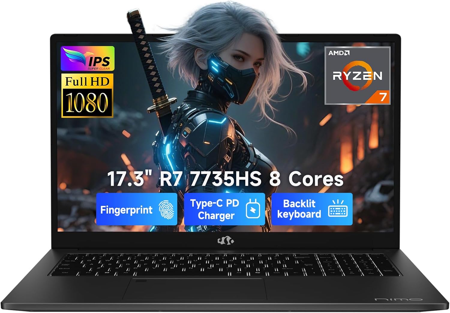 NIMO 17.3" Professional Laptop, AMD R7 7735HS 8-Core 16-Thread (Up to 4.75GHz), 16GB DDR5 RAM 1TB SSD, FHD IPS 180° View, Fingerprint, Backlit Keyboard, Wi-Fi 6, for Business & Student