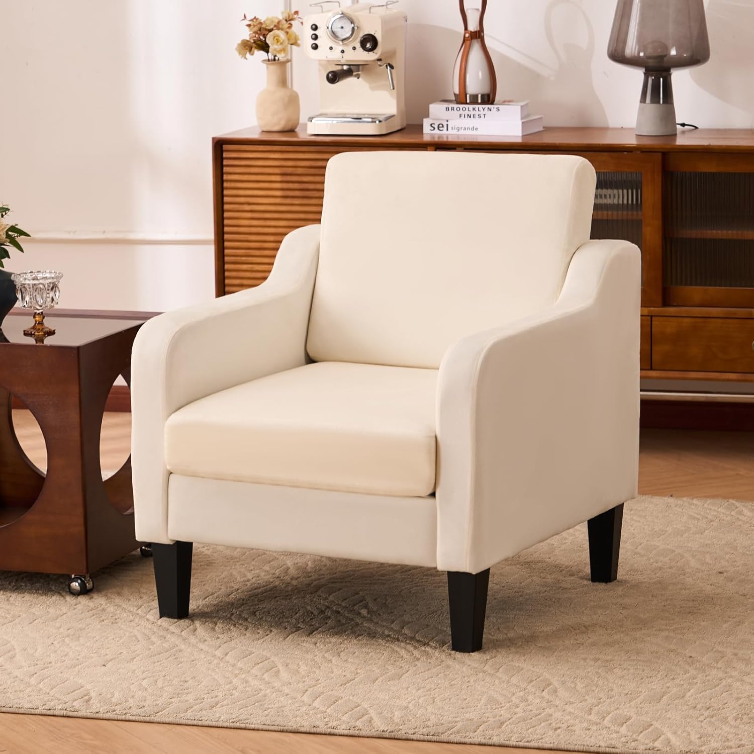 Accent Chair for Living Room, Modern Velvet Living Room Chairs with Wide Backrest, Upholstered Comfy Chair with Cushion, Oversized Sofa Chair with Wood Legs, Single Armchair, Beige