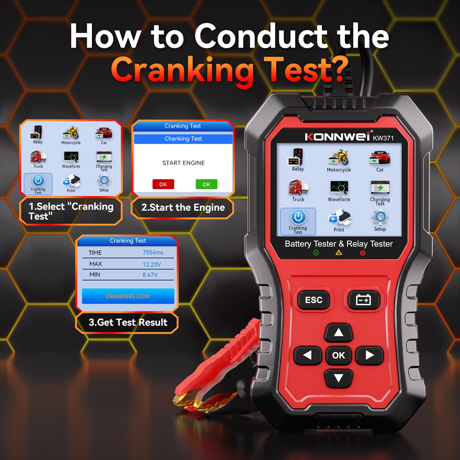 KONNWEI KW371 6V/12V/24V Battery Tester & 4/5Pin Relay Tester 2 in 1